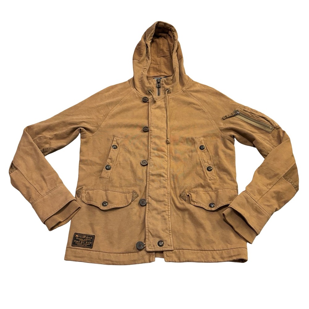 Polo Ralph Lauren Mens Tan Cotton Motorcycle Riders Apparel Hooded Jacket Small